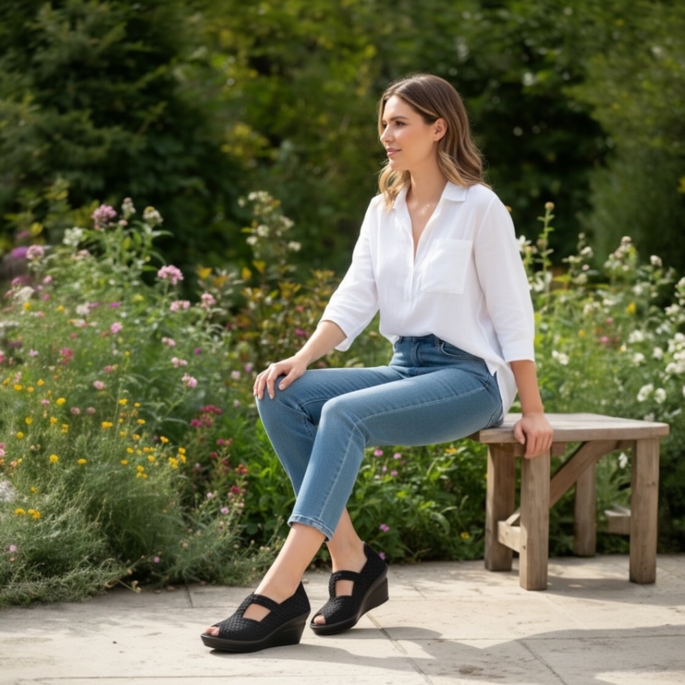 Bernie Mev Yvone Black  Wedge Sandals Comfort Slip-On Peep Toe Lightweight - NWB - Picture 3 of 7